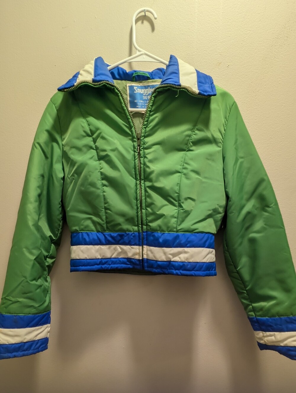 Vintage Snuggler Ski Wear Green and Blue Cropped Puffer Ski Jacket
